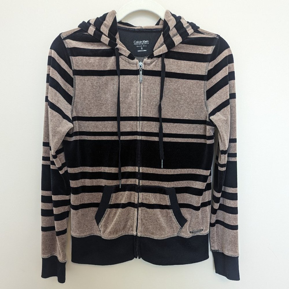 Calvin Klein performance zip up brown & black velour hoodie quick dry small EUC